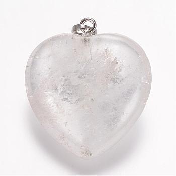 Natural Quartz Crystal Pendants, Rock Crystal, Heart, Platinum, 32.5~34x30x12mm, Hole: 5x8mm