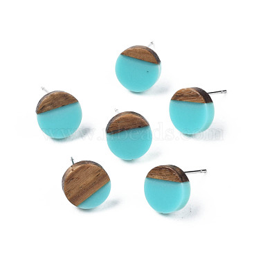 Medium Turquoise Flat Round Wood Stud Earrings