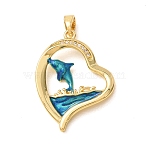 Brass Micro Pave Clear Cubic Zirconia Pendants, with Enamel, Heart with Dolphin Charms, Golden, 27x20x3mm, Hole: 4.5x2.5mm(CU-CBA8A7D-02G-A)