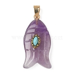 Natural Amethyst & Synthetic Turquoise Carved Pendants, Fish Charms with Brass Bails, Golden, 35x17.5x7.5~8mm, Hole: 4.3x6.5mm(G-Z084-01G-08)