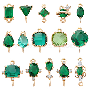 30Pcs 15 Styles Brass PAve Glass & Cubic Zirconia Connector Charms, Light Gold, Oval & Rhombus & Teardrop, Mixed Shapes, Green, 10~18x4~11x3~6mm, Hole: 0.8~1.5mm, 2pcs/style(GLAA-GA0001-74)