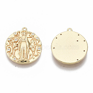 Brass Micro Pave Clear Cubic Zirconia Pendants, Nickel Free, Flat Round with Virgin Mary, Real 18K Gold Plated, 18.5x16.5x2mm, Hole: 1mm(KK-R126-016-NF)