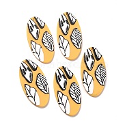 Printed Opaque Acrylic Pendants, Oval with Leaf Pattern, Gold, 48.5x24x2.5mm, Hole: 2mm(MACR-C003-13)