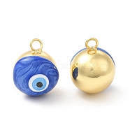 Brass Pendants, with Enamel, Real 18K Gold Plated, Long-Lasting Plated, Round with Evil Eye, Blue, 17.5x14x14.5mm, Hole: 3mm(KK-E075-04G-02)