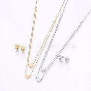 304 Stainless Steel Jewelry Sets, Stud Earrings and Pendant Tiered Necklaces, Heart, Mixed Color, Necklace: 18.1 inch(46cm), 1.5mm, Stud Earrings: 7x8x1.2mm, Pin: 0.8mm(SJEW-O090-33)