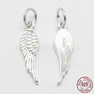 925 Sterling Silver Pendants, Wing, with 925 Stamp, Silver, 20.5x6x1.5mm, Hole: 4mm(X-STER-K170-06S)