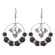 Brass with 304 Stainless Steel Dangle Earring, with Lava Rock and Alloy Pendant, Devil for Halloween, Black, 62x38mm(EJEW-TA00466)