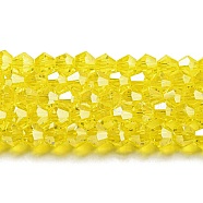 Transparent Electroplate Glass Beads Strands, Pearl Luster Plated, Faceted, Bicone, Yellow, 3.5~3.8x3mm, Hole: 0.8mm, about 113~115pcs/strand, 14.17~14.37 inch(36~36.5cm)(EGLA-A039-T3mm-A21)