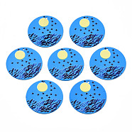 Spray Painted Iron Pendants, Rubberized Style, 3D Printed,  Moon Print Pattern, Flat Round, Dodger Blue, 25.5x0.8mm, Hole: 1.2mm(IFIN-T016-61)