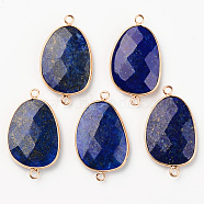 Natural Lapis Lazuli Links, with Light Gold Plated Edge Brass Loops, Oval, Faceted, 38x22.5x6mm, Hole: 2mm(G-R464-003D)