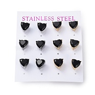 6 Pair 2 Color Heart Cubic Zirconia Stud Earrings, Golden & Stainless Steel Color 304 Stainless Steel Earrings, Black, 9x9mm, 3 Pair/color(EJEW-A024-15D)