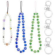 3Pcs 3 Style Glass Pearl & Lampwork & Glass Seed Beads Mobile Straps, with Evil Eye Resin Beads, Nylon Thread and Alloy Keychain Clasp Findings, Mixed Color, 17.5~20.5cm, 1pc/style(KEYC-OC0001-19)