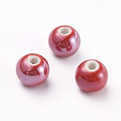 Handmade Porcelain Beads, Pearlized, Round, Red, 10mm, Hole: 2~3mm(PORC-D001-10mm-15)