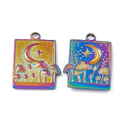 Ion Plating(IP) 304 Stainless Steel Bigs Pendants, Rectangle with Moon and Mushroom, Rainbow Color, 25x18x2.5mm, Hole: 2.5mm(STAS-B031-16R)