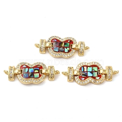 Rack Plating Brass Micro Pave Clear Cubic Zirconia Butterfly Links Connector Charms, with Enamel & Shell, Real 18K Gold Plated, Long-Lasting Plated, Lead Free & Cadmium Free, FireBrick, 11x28x4mm, Hole: 1.2mm(KK-K385-102G-03)