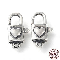 925 Thailand Sterling Silver Lobster Claw Clasps, Heart Lock, with 925 Stamp, Antique Silver, 12.5x7x4mm, Hole: 1mm(STER-D003-09AS)