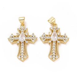 Brass Cubic Zirconia Pendants, Religion Cross Charm, Golden, 26x19x4mm, Hole: 3x5mm(ZIRC-I062-31G)