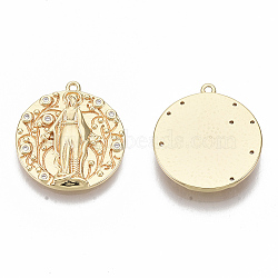 Brass Micro Pave Clear Cubic Zirconia Pendants, Nickel Free, Flat Round with Virgin Mary, Real 18K Gold Plated, 18.5x16.5x2mm, Hole: 1mm(KK-R126-016-NF)