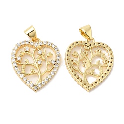 Brass Micro Pave Clear Cubic Zirconia Pendants, Heart with Tree Charms, Real 16K Gold Plated, 22x18.5x2.5mm, Hole: 5x4mm(ZIRC-L103-029G)