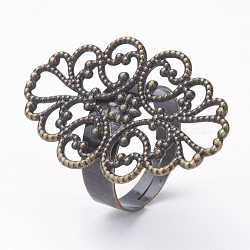 Adjustable Brass Filigree Finger Ring Settings, Flower, Size 7, Antique Bronze, Tray: 30x20mm, 17mm(KK-D527-06)