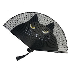 Cat Pattern Bamboo with Satin Folding Fan, for Party Wedding Dancing Decoration, Black, 210mm(WOCR-PW0005-01B-01)