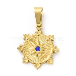 304 Stainless Steel with Capri Blue Rhinestones Pendants, with 201 Stainless Steel Snap On Bails, Sun, Golden, 16.5x14.5x2mm, Hole: 3x6mm(STAS-G261-11G)