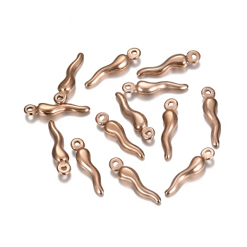 Ion Plating(IP) 304 Stainless Steel Pendants, Horn of Plenty/Italian Horn Cornicello, Rose Gold, 17.5x4x3mm, Hole: 1mm