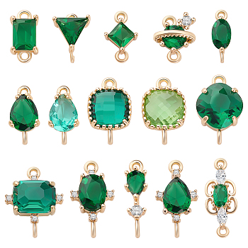 30Pcs 15 Styles Brass PAve Glass & Cubic Zirconia Connector Charms, Light Gold, Oval & Rhombus & Teardrop, Mixed Shapes, Green, 10~18x4~11x3~6mm, Hole: 0.8~1.5mm, 2pcs/style