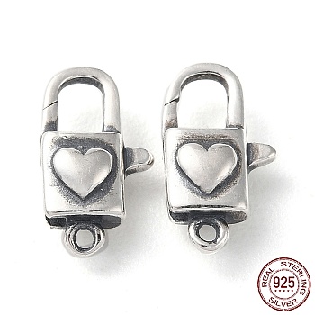 925 Thailand Sterling Silver Lobster Claw Clasps, Heart Lock, with 925 Stamp, Antique Silver, 12.5x7x4mm, Hole: 1mm