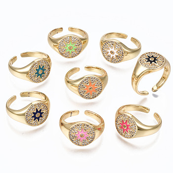 Brass Micro Pave Clear Cubic Zirconia Cuff Rings, Open Rings, with Enamel, Cadmium Free & Nickel Free & Lead Free, Flat Round with Star, Golden, Mixed Color, US Size 7 1/4(17.5mm)