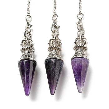 Natural Amethyst Pointed Dowsing Pendulums, with Rack Plating Platinum Plated Brass Findings, Cadmium Free & Lead Free, 230mm, Hole: 1.6mm