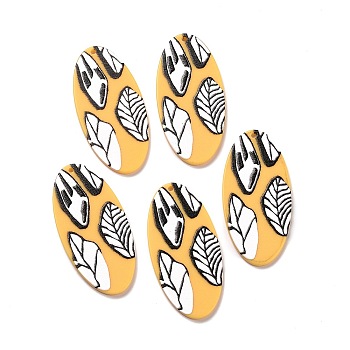 Printed Opaque Acrylic Pendants, Oval with Leaf Pattern, Gold, 48.5x24x2.5mm, Hole: 2mm