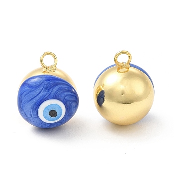 Brass Pendants, with Enamel, Real 18K Gold Plated, Long-Lasting Plated, Round with Evil Eye, Blue, 17.5x14x14.5mm, Hole: 3mm