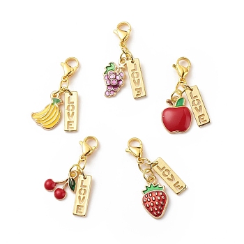Alloy Enamel Fruit Pendant Decorations, Word Love Lobster Clasp Charms, Clip-on Charms, for Keychain, Purse, Backpack Ornament, Stitch Marker, Mixed Color, 34mm