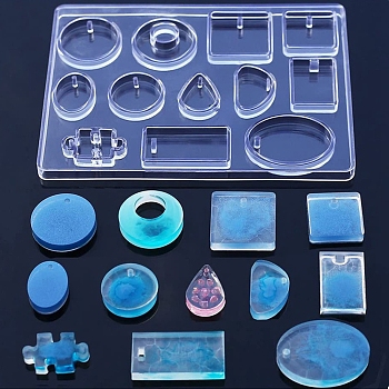 Geometrical Shape & Puzzle Piece Pendant Silicone Molds, Resin Casting Molds, For DIY UV Resin, Epoxy Resin Earring Jewelry Making, White, 114x153x7mm, Hole: 2X2mm, 3x2mm, 4x2mm,  Inner Diameter: 25~40.5x17~30mm