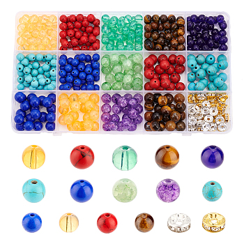 DIY Beads Jewelry Making Finding Kit, Including Natural & Synthetic Mixed Gemstone & Glass Round & & Iron Rhinestone Spacer Beads, Mixed Color, 6~8x3.5~8.5mm, Hole: 0.8~2mm, 460Pcs/box
