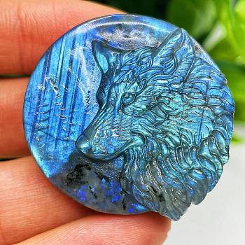 Natural Labradorite Display Decorations, Figurine Home Decoration, Reiki Energy Stone for Healing, Wolf, 42x9.5mm