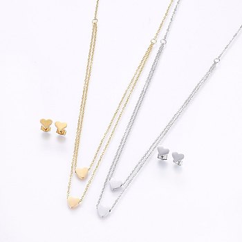 304 Stainless Steel Jewelry Sets, Stud Earrings and Pendant Tiered Necklaces, Heart, Mixed Color, Necklace: 18.1 inch(46cm), 1.5mm, Stud Earrings: 7x8x1.2mm, Pin: 0.8mm