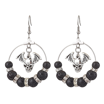 Brass with 304 Stainless Steel Dangle Earring, with Lava Rock and Alloy Pendant, Devil for Halloween, Black, 62x38mm