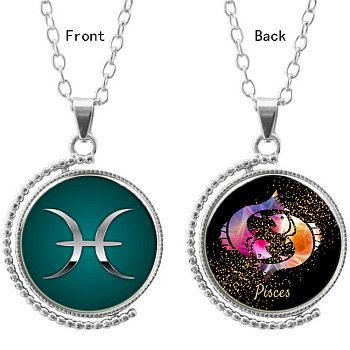 Double-sided Picture Glass Rotatable Pendant Necklaces, with Alloy Chains, Flat Round with Pisces, Silver Color Plated, 18.5 inch(47cm)