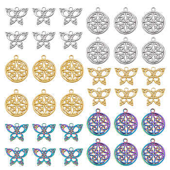 24Pcs 6 Styles 201 Stainless Steel Pendants, Butterfly & Flat Round with Trinity Knot, Mixed Color, 15.5~24x20~20.5x1.5~2mm, Hole: 2~2.5mm, 4pcs/style