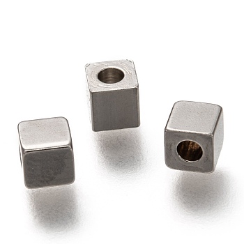 304 Stainless Steel Beads, Cube, Stainless Steel Color, 4x4x4mm, Hole: 1.8mm