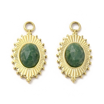 Natural African Jade Pendants, Faceted Oval Charms, with Vacuum Plating Real 18K Gold Plated 201 Stainless Steel, 22x12x4mm, Hole: 2.5mm