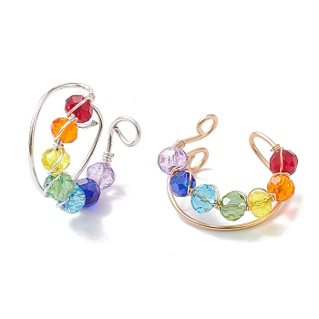 2Pcs Colorful Glass Cuff Earrings, with Copper Wire, Mixed Color, 17.5x11.5x19.5mm, 2pcs/set