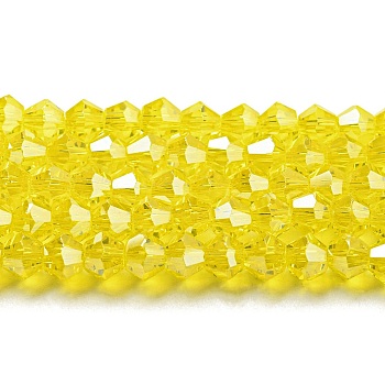 Transparent Electroplate Glass Beads Strands, Pearl Luster Plated, Faceted, Bicone, Yellow, 3.5~3.8x3mm, Hole: 0.8mm, about 113~115pcs/strand, 14.17~14.37 inch(36~36.5cm)