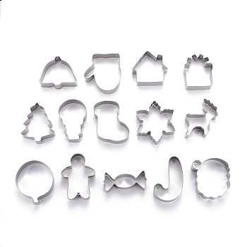 Stainless Steel Christmas Theme Mixed Pattern Cookie Candy Food Cutters Molds, for DIY, Kitchen, Baking, Kids Birthday Party Supplies Favors, Stainless Steel Color, 32x75x20mm,  14pcs/Set