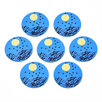 Spray Painted Iron Pendants, Rubberized Style, 3D Printed,  Moon Print Pattern, Flat Round, Dodger Blue, 25.5x0.8mm, Hole: 1.2mm