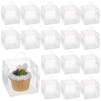 Foldable Transparent Plastic Single Cake Gift Packing Box, Bakery Cake Cupcake Box Container, with Handle and Paper, Square, Clear, Finish Product: 8.5x8.5x8.5cm