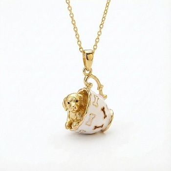 Brass White Enamel Animal Cup Pendant Necklaces for Women, Golden, Dog, 17.72 inch(45cm)
