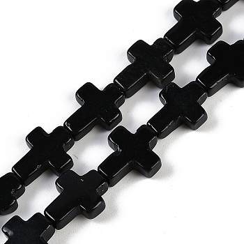 Natural Black Stone Beads Strands, Cross, 15x11.5x4.5mm, Hole: 0.7mm, about 25pcs/strand, 15.75''(40cm)